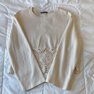 Zara Cream Ribbed Sweater with Lace Detail